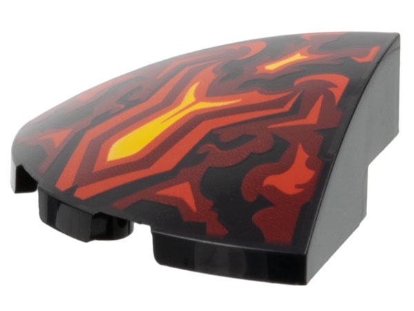 Slope, Curved 3 x 3 Corner Round with Red, Dark Red, and Yellow Flames Pattern: {черен}