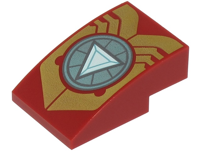 Slope, Curved 3 x 2 with Gold Iron Man Armor Plates and Metallic Light Blue Circle Arc Reactor with White Triangle Pattern: {нов тъмно червен}