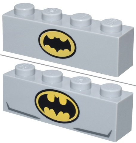 Brick 1 x 4 with Yellow and Black Batman Bat Logo Small / Large with Dark Bluish Gray Lines Pattern (BrickHeadz Batman (Classic TV Series / Bronze Age) Chest): {умерено каменно сив}