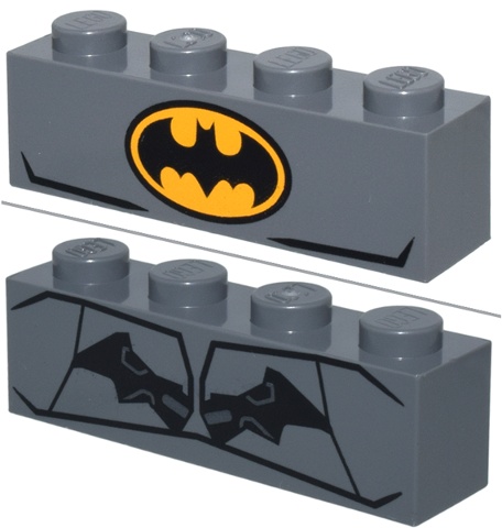 Brick 1 x 4 with Bat on Bright Light Orange Oval Batman Logo / Black and Silver with Lines Pattern (BrickHeadz Batman (The Animated Series / The Batman) Chest): {тъмно каменно сив}