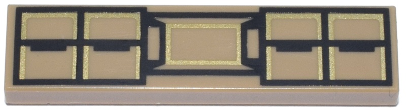 Tile 1 x 4 with Black and Gold Rectangles Pattern (BrickHeadz Batman (Batman v Superman) Utility Belt): {пясъчно жълт}
