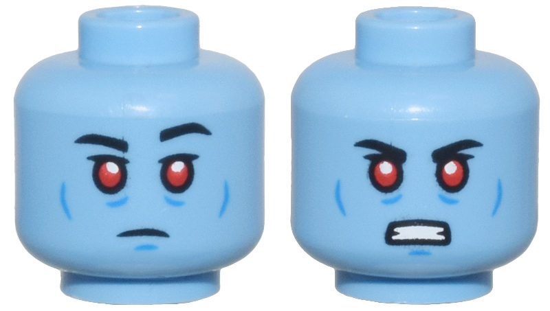 Minifigure, Head Dual Sided Thin Black Eyebrows, Upper Eyelids, Red Eyes, Blue Cheek Lines and Chin Dimple, Neutral / Angry Bared Teeth Pattern - Vented Stud: {умерено син}