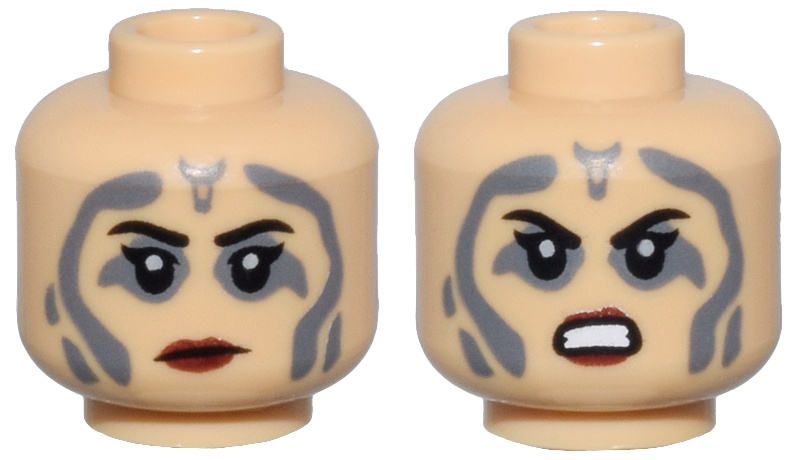Minifigure, Head Dual Sided Female Black Eyebrows, Single Eyelashes, Dark Bluish Gray Tattoos, Dark Red Lips, Frown / Angry Bared Teeth Pattern - Vented Stud: {умерен тан}