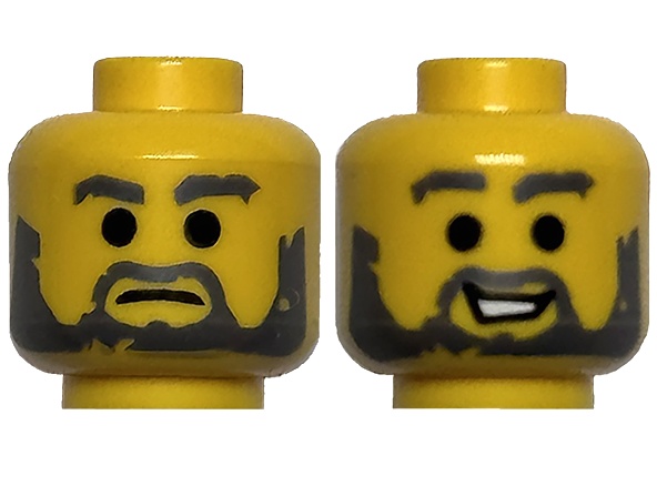 Minifigure, Head Dual Sided Dark Bluish Gray Eyebrows, Moustache and Beard, Simulated Wear, Frown / Open Mouth Smile with Teeth Pattern: {ярко жълт}