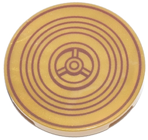 Tile, Round 3 x 3 with Reddish Brown Concentric Circles and Gear Pattern: {топло златист}