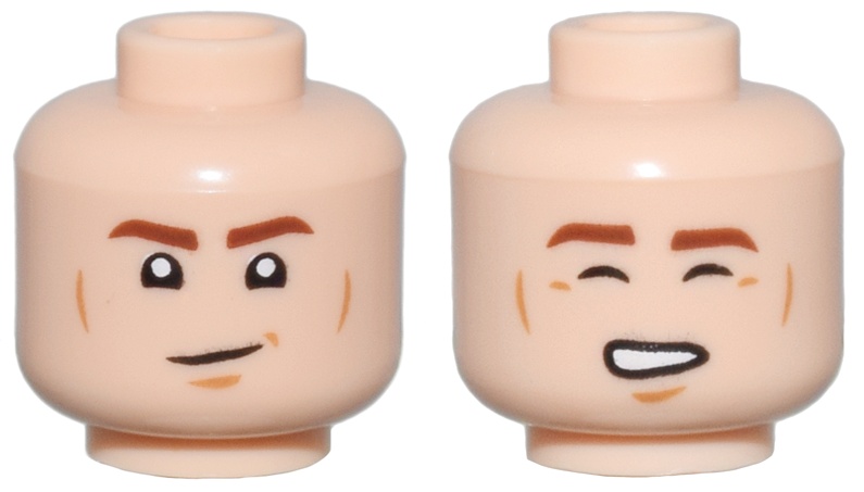 Minifigure, Head Dual Sided Reddish Brown Eyebrows, Medium Nougat Cheek Lines and Chin Dimple, Smirk / Closed Eyes and Open Mouth Smile with Teeth Pattern: {светло нуга}