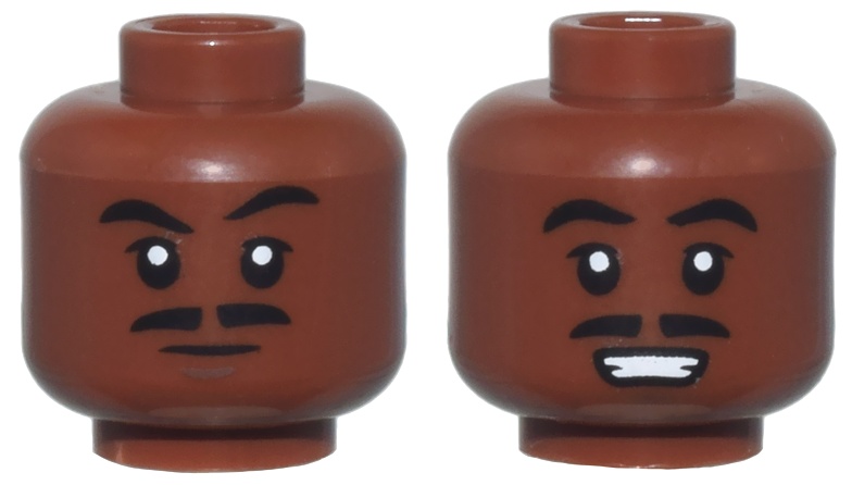 Minifigure, Head Dual Sided Black Eyebrows, Upper Eyelids, and Split Moustache, Dark Brown Chin Dimple, Neutral / Open Mouth Smile with Teeth Pattern: {червеникаво-кафяв}