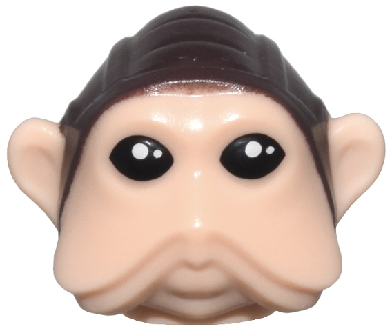 Minifigure, Head, Modified SW Sullustan with Long Cheek Folds with Dark Brown Aviator Cap and Black Eyes Pattern: {светло нуга}
