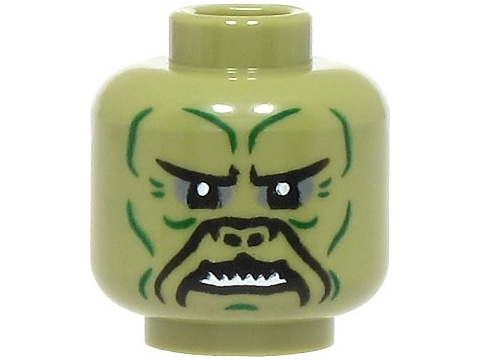 Minifigure, Head Alien with SW Klatooinian Dark Green Facial Lines, Black Nose Contours, Dark Bluish Gray Eye Shadow, Sharp Teeth Pattern: {маслинено зелен}