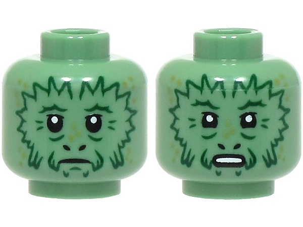 Minifigure, Head Dual Sided Alien with Dark Green Wrinkles and Zigzag Contours, Olive Green Spots, Frown / Surprised Open Mouth with Teeth Pattern: {пясъчно зелен}