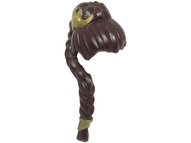 Minifigure, Hair Female Ponytail with Top Knot Bun and Long Thin Braid over Right Shoulder with Gold Hair Clips Pattern - Flexible Rubber: {тъмно кафяв}