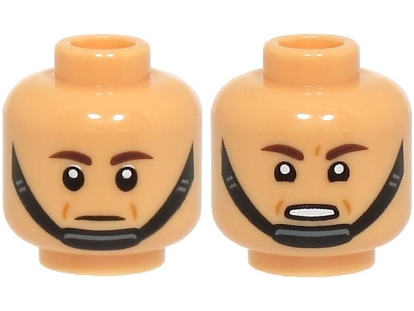 Minifigure, Head Dual Sided Dark Brown Eyebrows, Black Chin Strap, Medium Nougat Cheek Lines, Neutral / Scared Open Mouth with Teeth Pattern: {умерен тан}