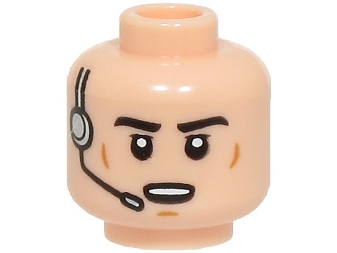 Minifigure, Head Black Eyebrows, Medium Nougat Cheek Lines and Chin Dimple, Silver Headset, Open Mouth with Top Teeth Pattern: {светло нуга}