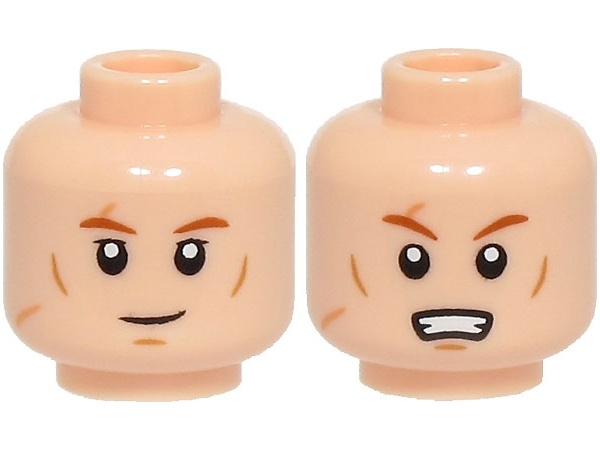Minifigure, Head Dual Sided Dark Orange Eyebrows, Medium Nougat Cheek Lines, Chin Dimple, Scars, Grin / Scared Open Mouth with Teeth Pattern: {светло нуга}