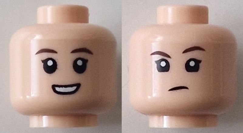 Minifigure, Head Dual Sided Child Female Dark Brown Eyebrows, Open Mouth Smile with Teeth / Determined Frown Pattern: {светло нуга}