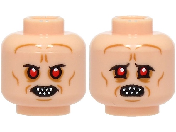 Minifigure, Head Dual Sided Alien with Red Eyes, Bared Pointed Teeth, Medium Nougat Wrinkles, Neutral / Frown with Wide Open Mouth Pattern: {светло нуга}