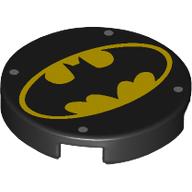 Tile, Round 2 x 2 with Bottom Stud Holder with Bat on Yellow Oval Batman Logo and 4 Silver Dots Pattern: {черен}