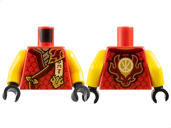 Torso Tunic with Dark Red Hems, Gold Trim, Dark Tan Shirt, Ninjago Logogram 'MOF', Letter K on Back Pattern / Yellow Arms / Black Hands: {ярко червен}