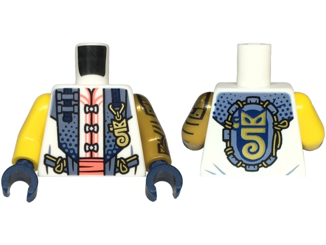 Torso Robe with Sand Blue Hems, Gold Highlighs, Tang Jacket, Coral Sash Pattern / Pearl Gold Arm Left with Armor Pattern / Yellow Arm Right / Dark Blue Hands: {бял}
