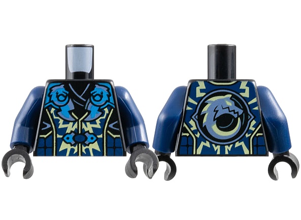 Torso Tunic and Armor, Metallic Light Blue and Dark Azure Blades with Wolves, Bright Light Yellow Electricity Pattern / Dark Blue Arms / Black Hands: {черен}
