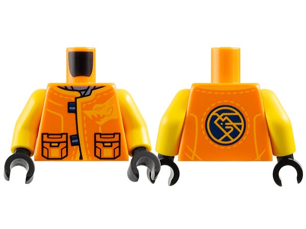 Torso Tang Jacket with Pockets and Bright Light Orange Dragon Head and Trim over Sand Blue Shirt, Dark Blue Circle with Ninjago Logogram 'ARIN' on Back Pattern / Yellow Arms / Black Hands: {ярко оранжев}