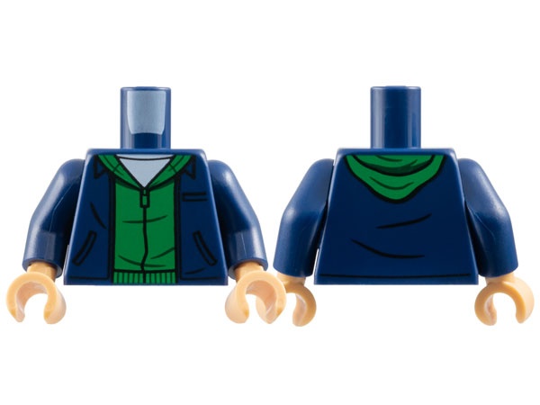Torso Jacket with Black Pockets over Green Hoodie, White Shirt Pattern / Dark Blue Arms / Medium Tan Hands: {земно син}