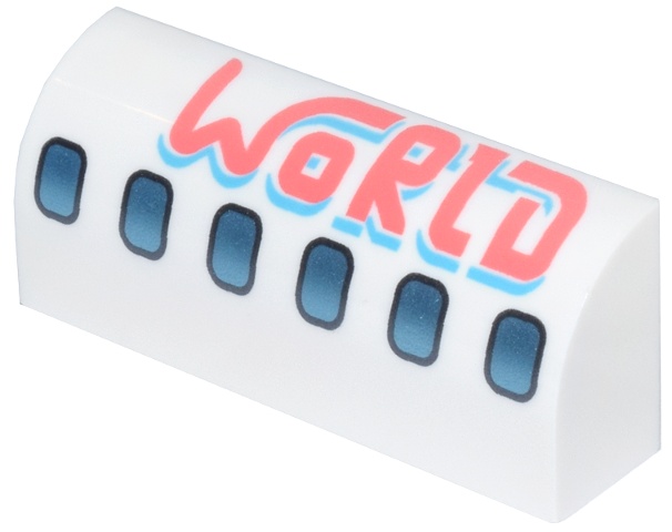 Slope, Curved 1 x 4 x 1 1/3 with Dark Silver and Metallic Light Blue Airplane Windows, Coral and Medium Azure 'WORLD' Pattern: {бял}