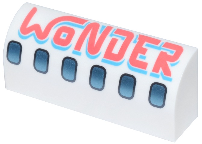 Slope, Curved 1 x 4 x 1 1/3 with Dark Silver and Metallic Light Blue Airplane Windows, Coral and Medium Azure 'WONDER' Pattern: {бял}