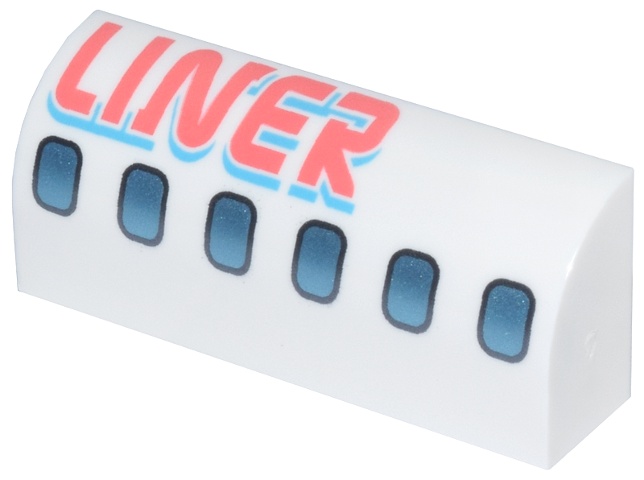 Slope, Curved 1 x 4 x 1 1/3 with Dark Silver and Metallic Light Blue Airplane Windows, Coral and Medium Azure 'LINER' Pattern: {бял}