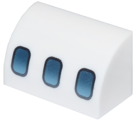 Slope, Curved 1 x 2 with Bottom Stud Holder with Dark Silver and Metallic Light Blue Airplane Windows Pattern: {бял}