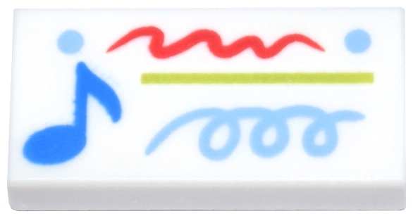 Tile 1 x 2 with Blue Music Note, Lime Line, Medium Blue Dots and Spiral, Red Scribble Pattern: {бял}