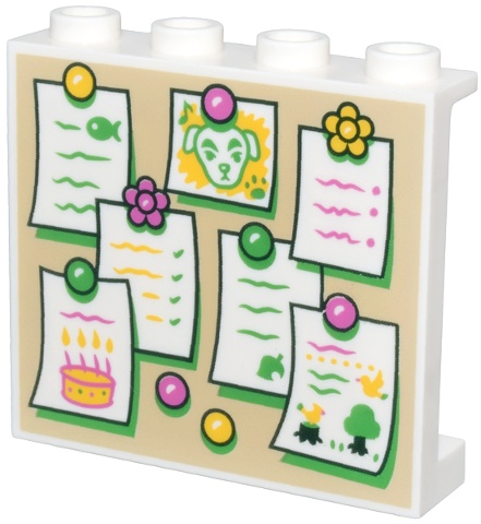 Panel 1 x 4 x 3 with Side Supports - Hollow Studs with Tan Bulletin Board, White Notes with Bright Green, Dark Pink and Yellow Pins, and Animal Crossing K.K. Slider Pattern: {бял}