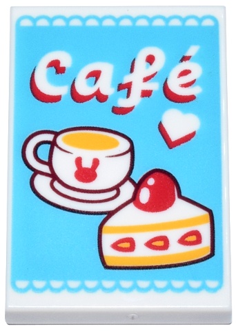 Tile 2 x 3 with Medium Azure Sign with Red, White and Yellow Coffee Cup, Cake, Heart and 'Café' (Cafe) Pattern: {бял}