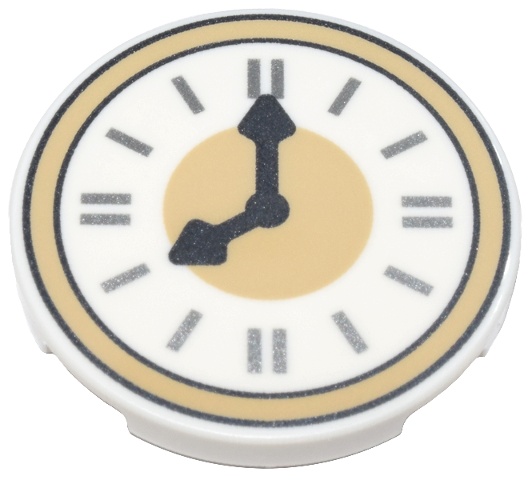 Tile, Round 3 x 3 with Clock Face with Tan Border, Dark Silver Hands, and Silver Time Indicators Pattern: {бял}