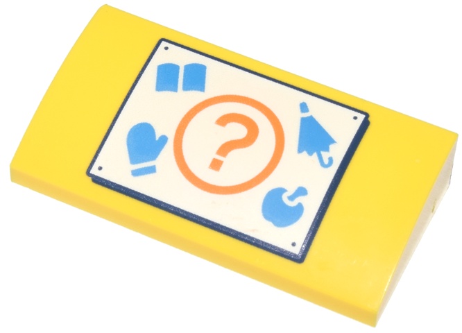 Slope, Curved 2 x 4 x 2/3 with Bottom Tubes with White Sign, Orange Question Mark, Dark Azure Book, Umbrella, Mitten, and Apple Pattern (Animal Crossing Recycle Bin): {ярко жълт}