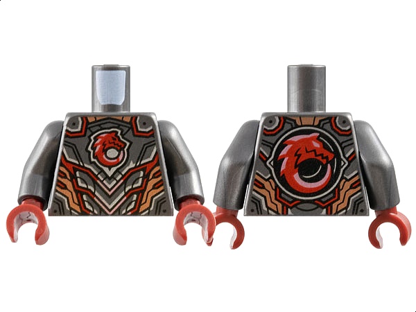 Torso Armor Plates, Red Wolf Head, Silver, Copper and Metallic Pink Lines and Trim Pattern / Pearl Dark Gray Arms / Dark Red Hands: {титаниево метален}