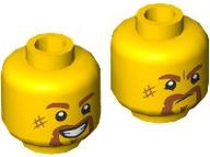 Minifigure, Head Dual Sided Dark Orange Eyebrows, Moustache and Soul Patch, Scuff Mark, Open Mouth Smile with Teeth / Angry Pattern: {ярко жълт}