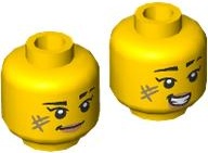Minifigure, Head Dual Sided Female Black Eyebrows, Scar, Olive Green Scuff Mark, Nougat Lips, Lopsided Grin / Open Mouth Smile with Teeth Pattern: {ярко жълт}