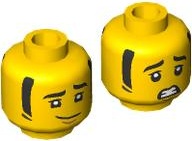 Minifigure, Head Dual Sided Black Eyebrows and Sideburns, Medium Nougat Chin Dimple, Lopsided Grin / Scared Open Mouth with Teeth Pattern: {ярко жълт}