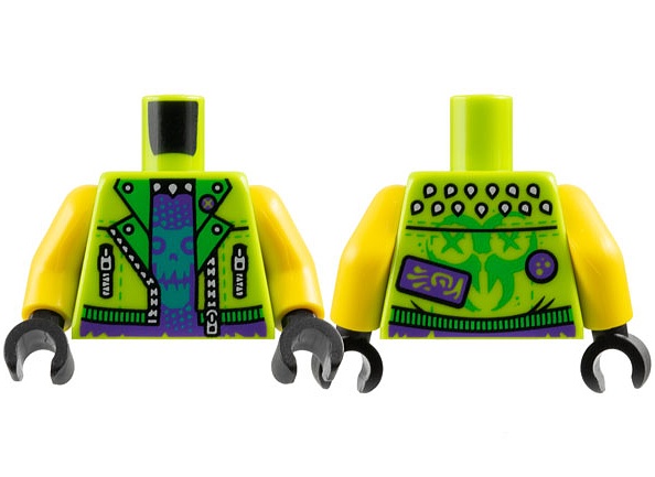 Torso Jacket Open with Silver Zippers, Dark Purple Shirt with Dark Turquoise Skull, Ninjago Logogram 'TOX' on Back Pattern / Yellow Arms / Black Hands: {ярко жълто-зелен}