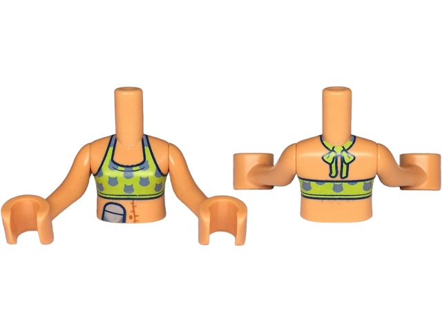 Torso Mini Doll Girl Lime Green Bikini Top with Sand Blue Cat Head Silhouettes, Light Bluish Gray Cell Phone, and Dark Orange Scar on Stomach Pattern, Nougat Arms with Hands: {нуга}