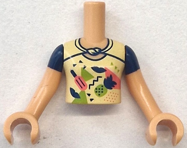Torso Mini Doll Girl Bright Light Yellow Top with Coral and Lime Popsicle, Pineapple, Triangles and Shapes Pattern, Medium Tan Arms with Hands with Dark Blue Short Sleeves: {умерен тан}