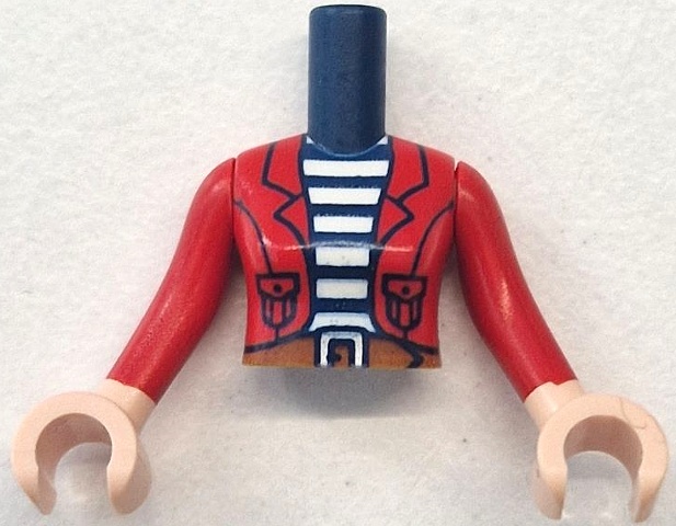 Torso Mini Doll Woman Red Jacket Open over White Striped Shirt, Dark Orange Belt with Buckle Pattern, Light Nougat Arms with Hands with Red Long Sleeves: {земно син}