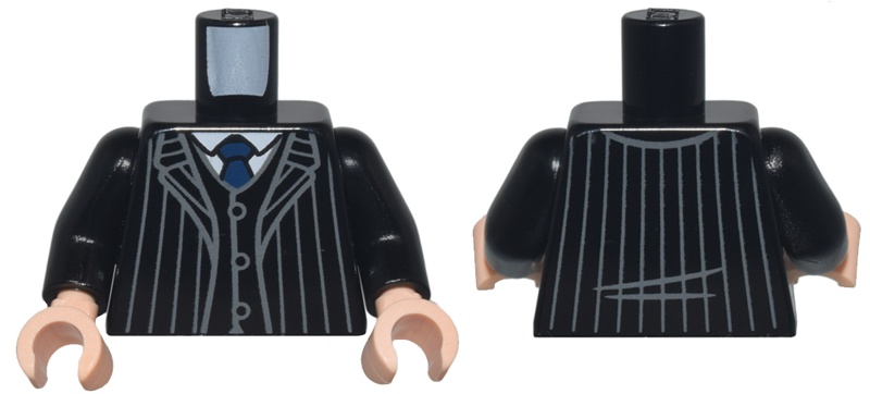 Torso Suit Jacket Open with Dark Bluish Gray Pinstripes over Vest with Buttons and White Shirt, Dark Blue Tie Pattern / Black Arms / Light Nougat Hands: {черен}
