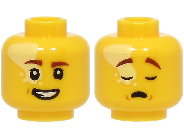 Minifigure, Head Dual Sided Reddish Brown Eyebrows, Bright Light Yellow Splotch, Open Mouth Smile with Teeth / Sleeping Pattern (BAM): {ярко жълт}