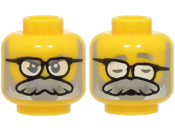Minifigure, Head Dual Sided Silver Eyebrows, Light Bluish Gray Beard, Moustache, Black Glasses with White Lenses, Open Eyes / Sleeping Pattern (BAM): {ярко жълт}