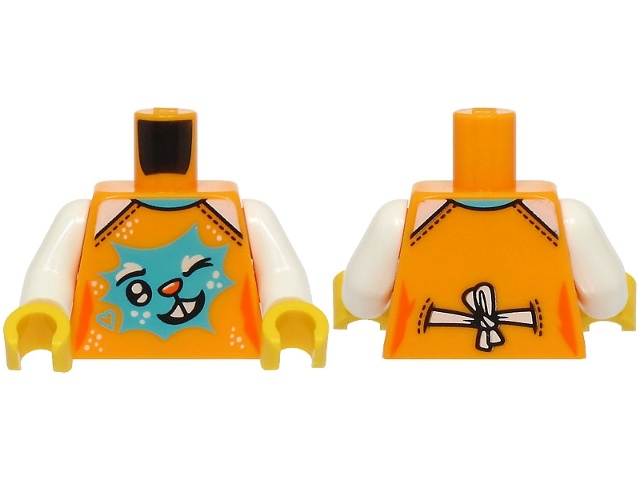 Torso Female Shirt with Medium Azure Heart and Winking Bunny Face with Orange Nose, White Bow on Back Pattern (BAM) / White Arms / Yellow Hands: {огнено жълто-оранжев}