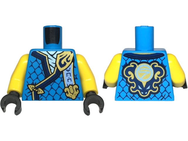 Torso Tunic with Dark Blue Hems, Gold Trim, Metallic Light Blue Shirt, Ninjago Logogram 'MOW', Letter N on Back Pattern / Yellow Arms / Black Hands: {тъмно небесносин}