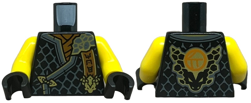 Torso Tunic with Dark Bluish Gray Hems, Gold Trim, Dark Orange Shirt, Ninjago Logogram 'MOE', Letter C on Back Pattern / Yellow Arms / Black Hands: {черен}