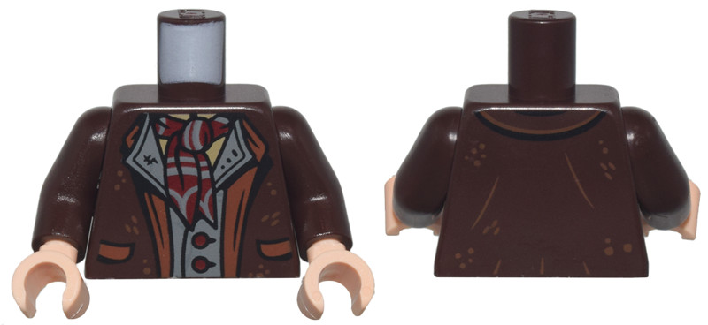 Torso Jacket with Reddish Brown Lapels and Pockets over Dark Bluish Gray Vest with Dark Red Buttons and Striped Scarf Pattern / Dark Brown Arms / Light Nougat Hands: {тъмно кафяв}